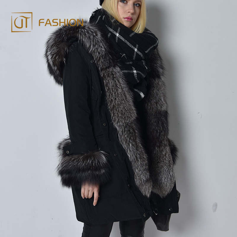 Warm winter jtfur fox fur White duck down hood women coat long down jacket