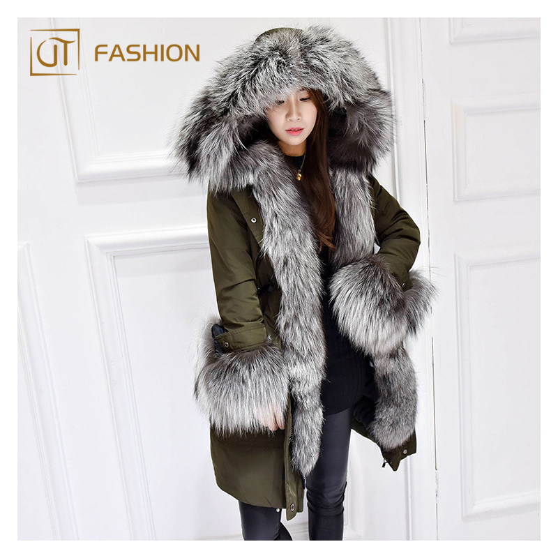 Warm winter jtfur fox fur White duck down hood women coat long down jacket