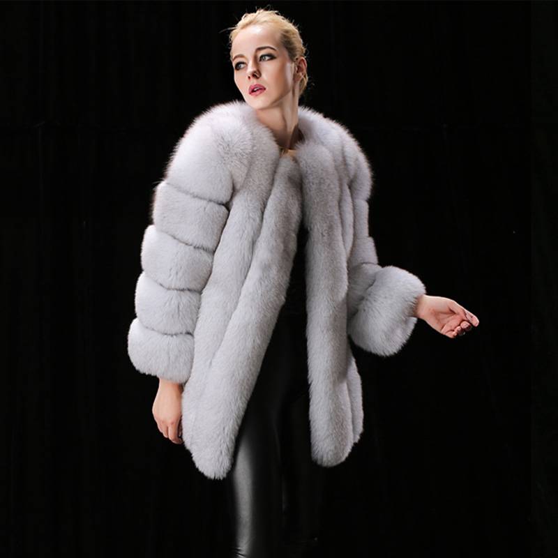 2021 Women Light Gray Long  Style Winter Jackets Real Fox Fur Coat
