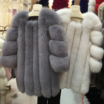 2021 Women Light Gray Long  Style Winter Jackets Real Fox Fur Coat