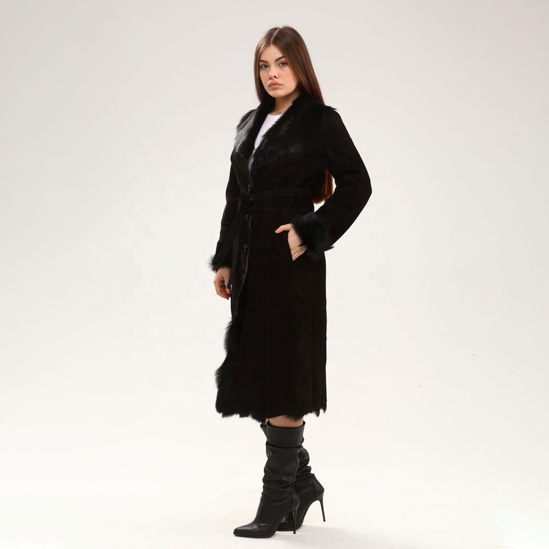 Genuine Suede Fur Collar Black Women's Coat Natural Leather New Season Luxury Autumn Winter Best Qua