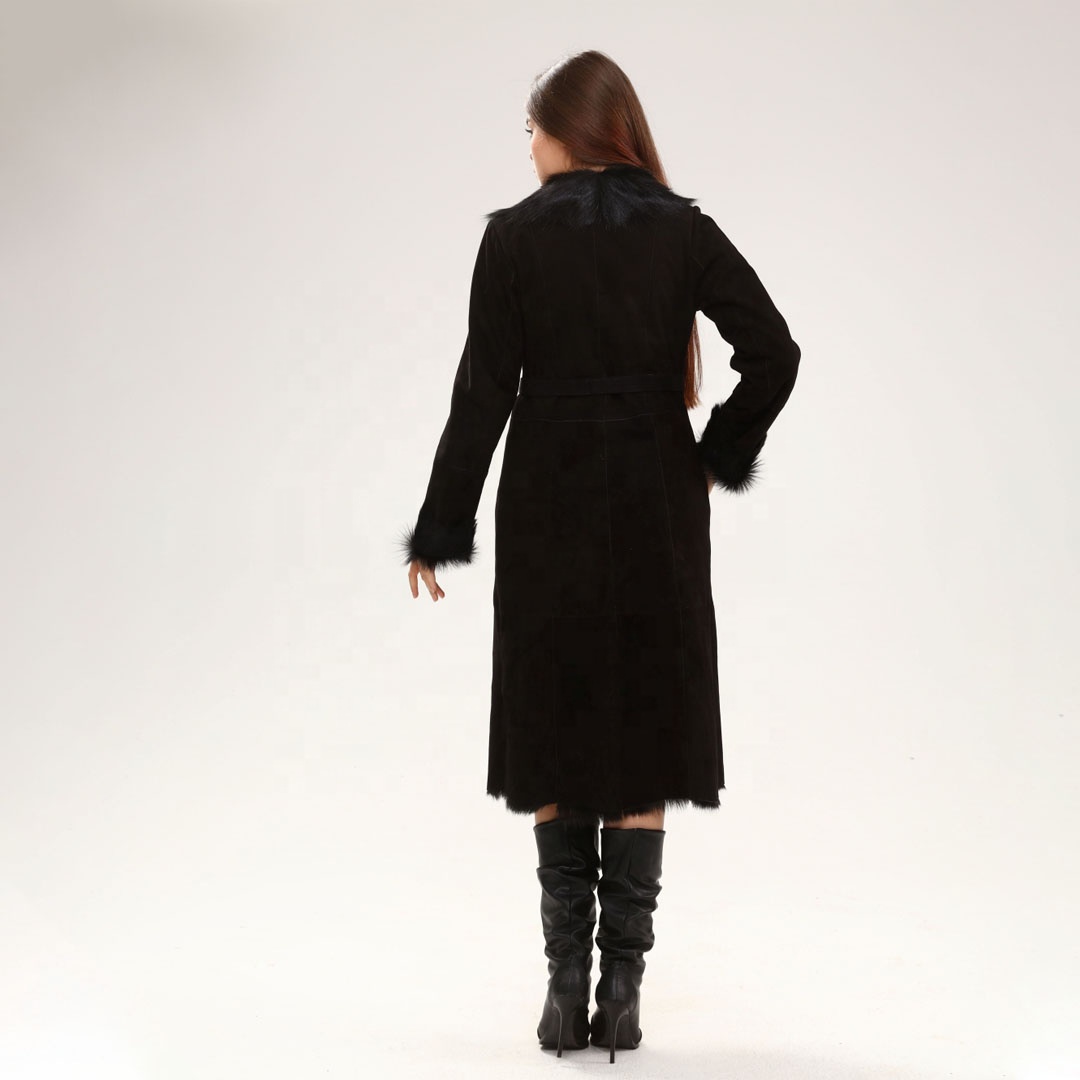 Genuine Suede Fur Collar Black Women's Coat Natural Leather New Season Luxury Autumn Winter Best Qua