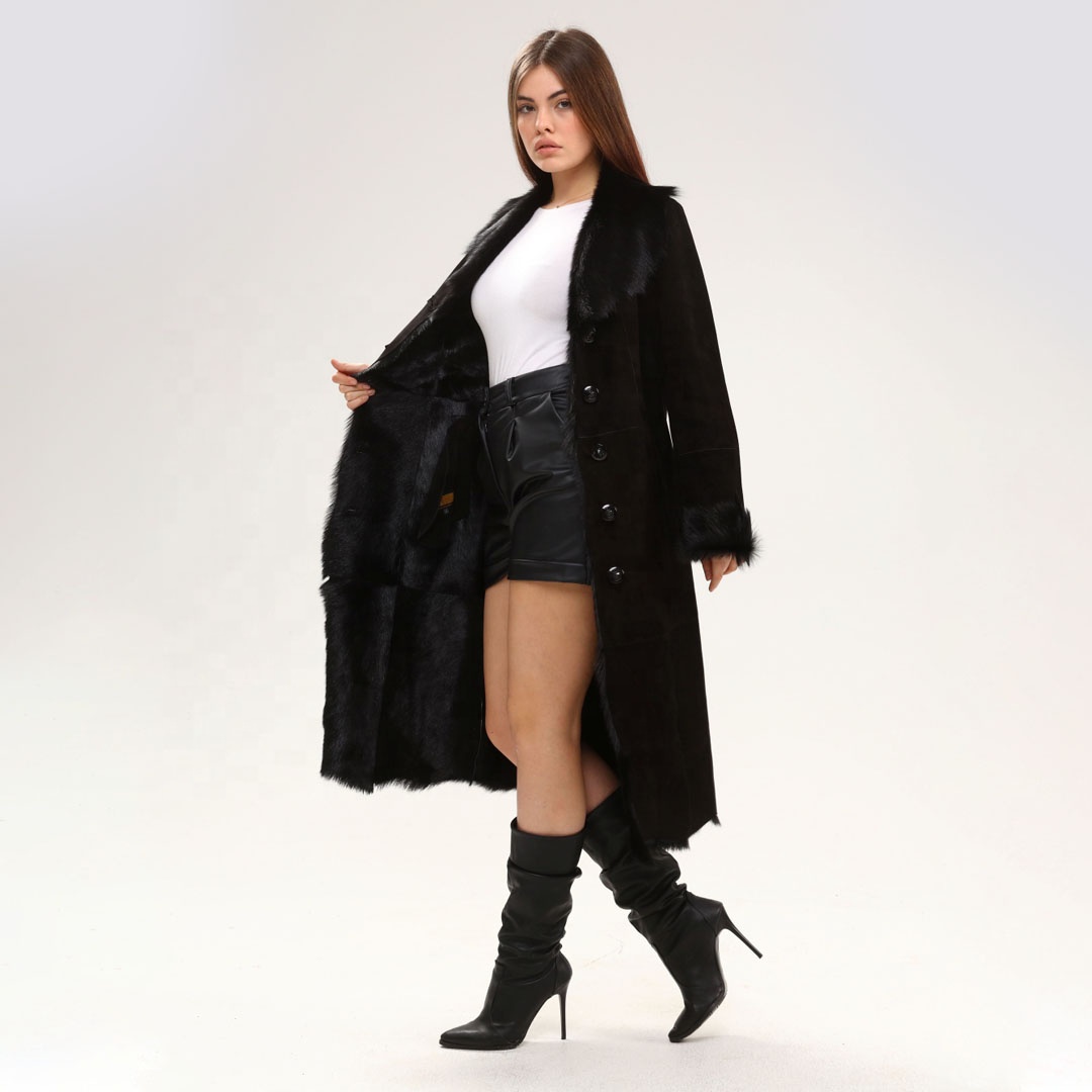 Genuine Suede Fur Collar Black Women's Coat Natural Leather New Season Luxury Autumn Winter Best Qua