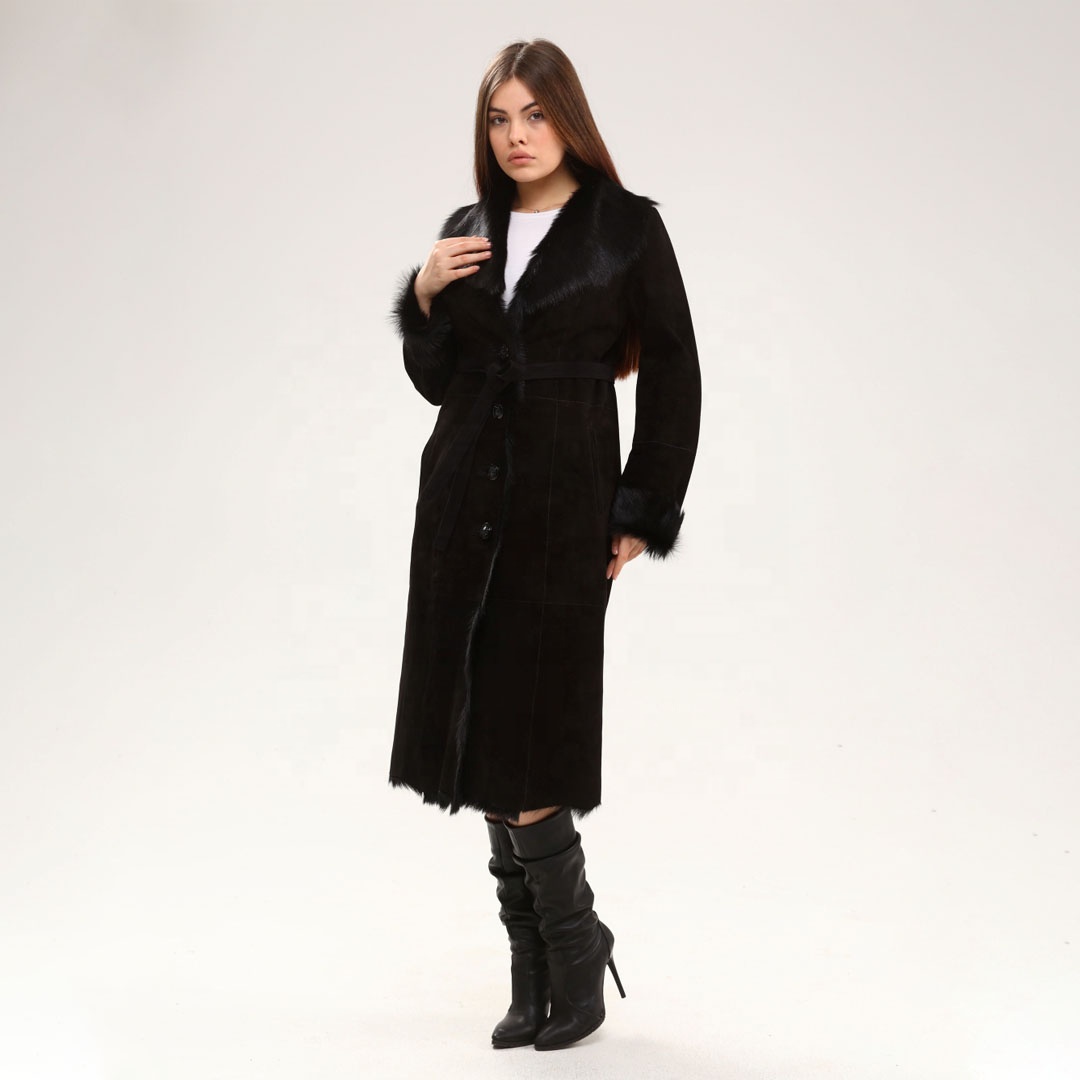 Genuine Suede Fur Collar Black Women's Coat Natural Leather New Season Luxury Autumn Winter Best Qua