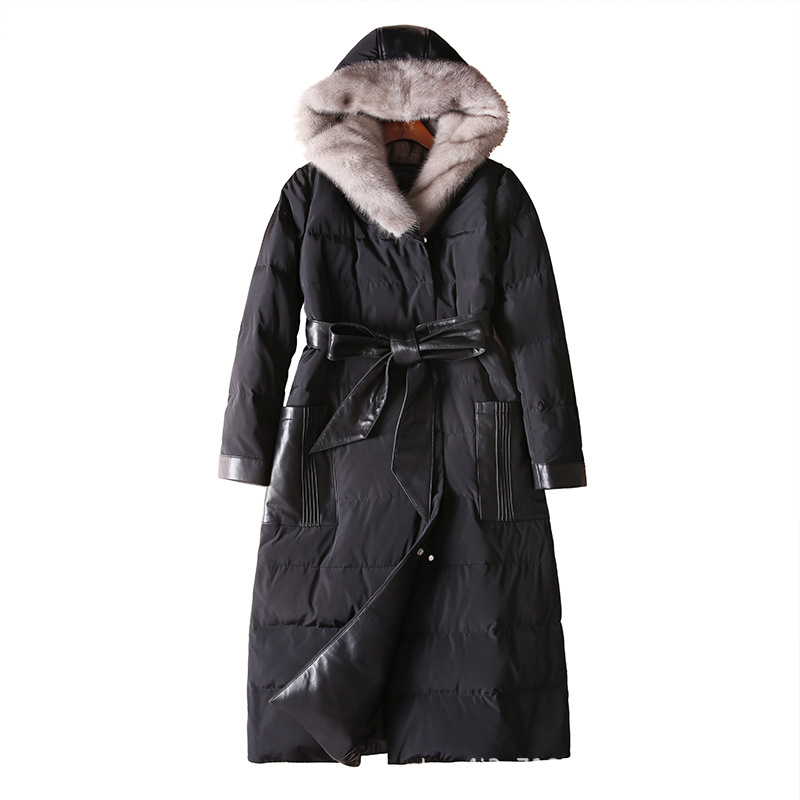 2022 new complete mink hat sheepskin splicing long down jacket women's knee-high winter padded down 