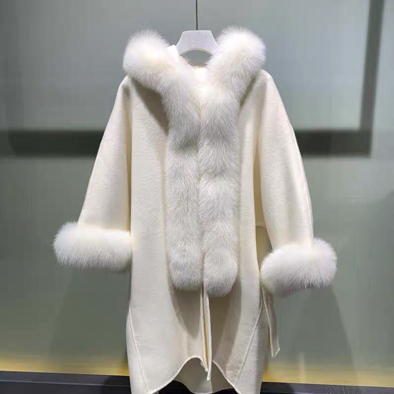 CX-G-T-30 Winter Trend  Women Wool Coat Real Fox Fur Collar Jacket Cashmere Trench Cape Coat