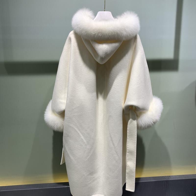 CX-G-T-30 Winter Trend  Women Wool Coat Real Fox Fur Collar Jacket Cashmere Trench Cape Coat