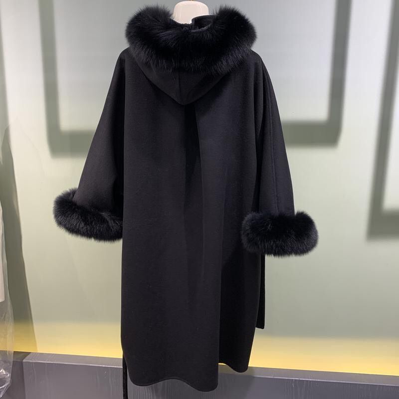 CX-G-T-30 Winter Trend  Women Wool Coat Real Fox Fur Collar Jacket Cashmere Trench Cape Coat