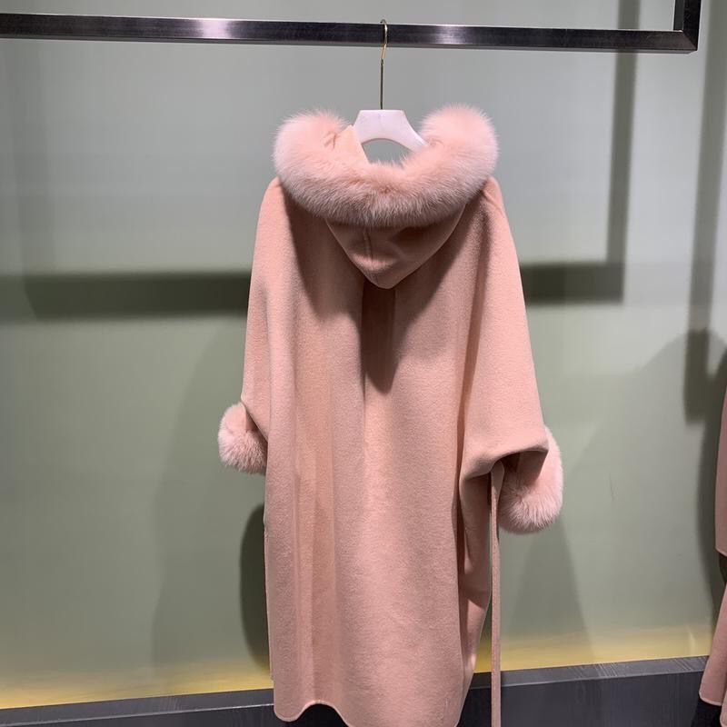 CX-G-T-30 Winter Trend  Women Wool Coat Real Fox Fur Collar Jacket Cashmere Trench Cape Coat