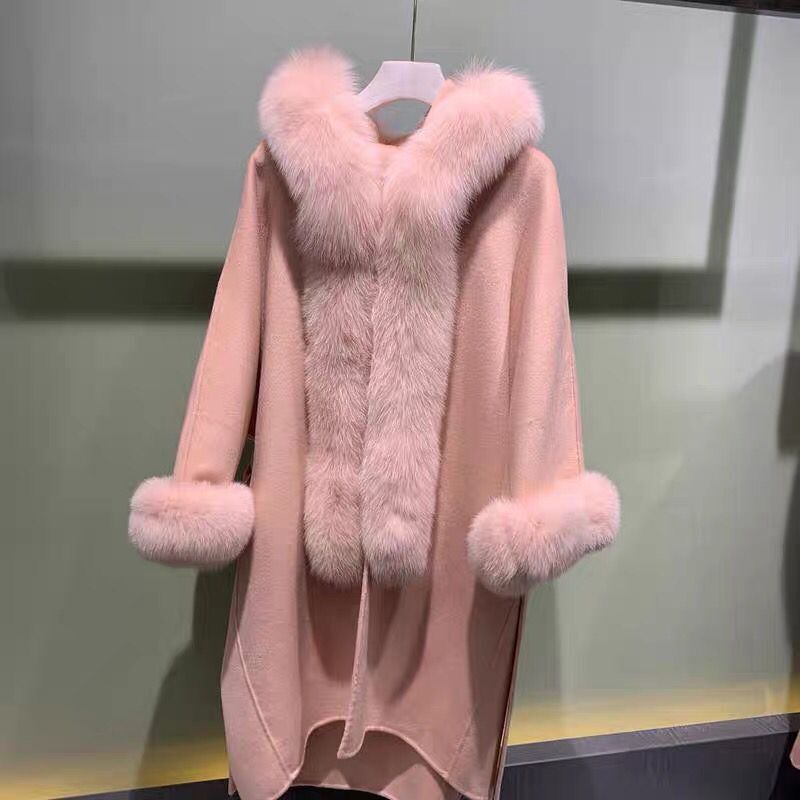 CX-G-T-30 Winter Trend  Women Wool Coat Real Fox Fur Collar Jacket Cashmere Trench Cape Coat