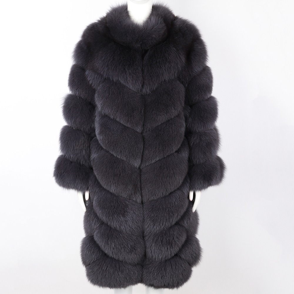 Winter Warm Elegant Women Stand Collar Long Fur Coat Ladies Real Fox Fur Jacket Outerwear
