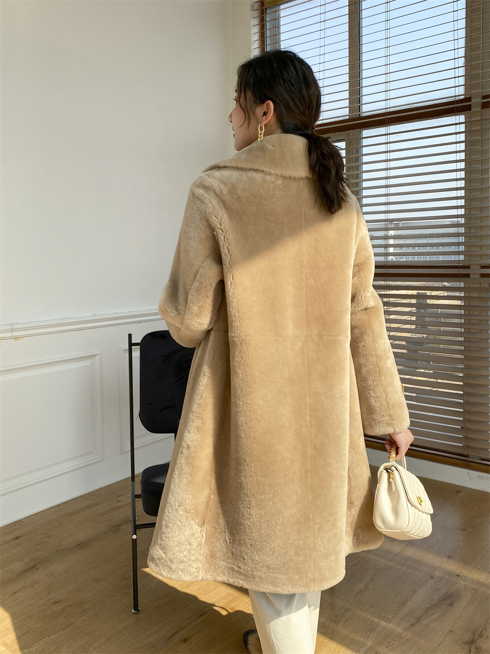 winter warm european style  camel color double face shearing sheep goat lamb skin long women fur coa