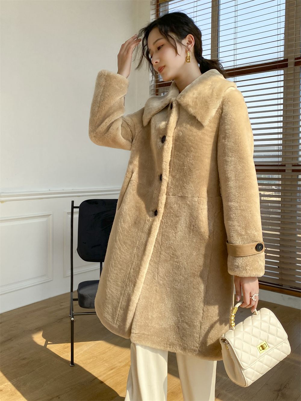 winter warm european style  camel color double face shearing sheep goat lamb skin long women fur coa