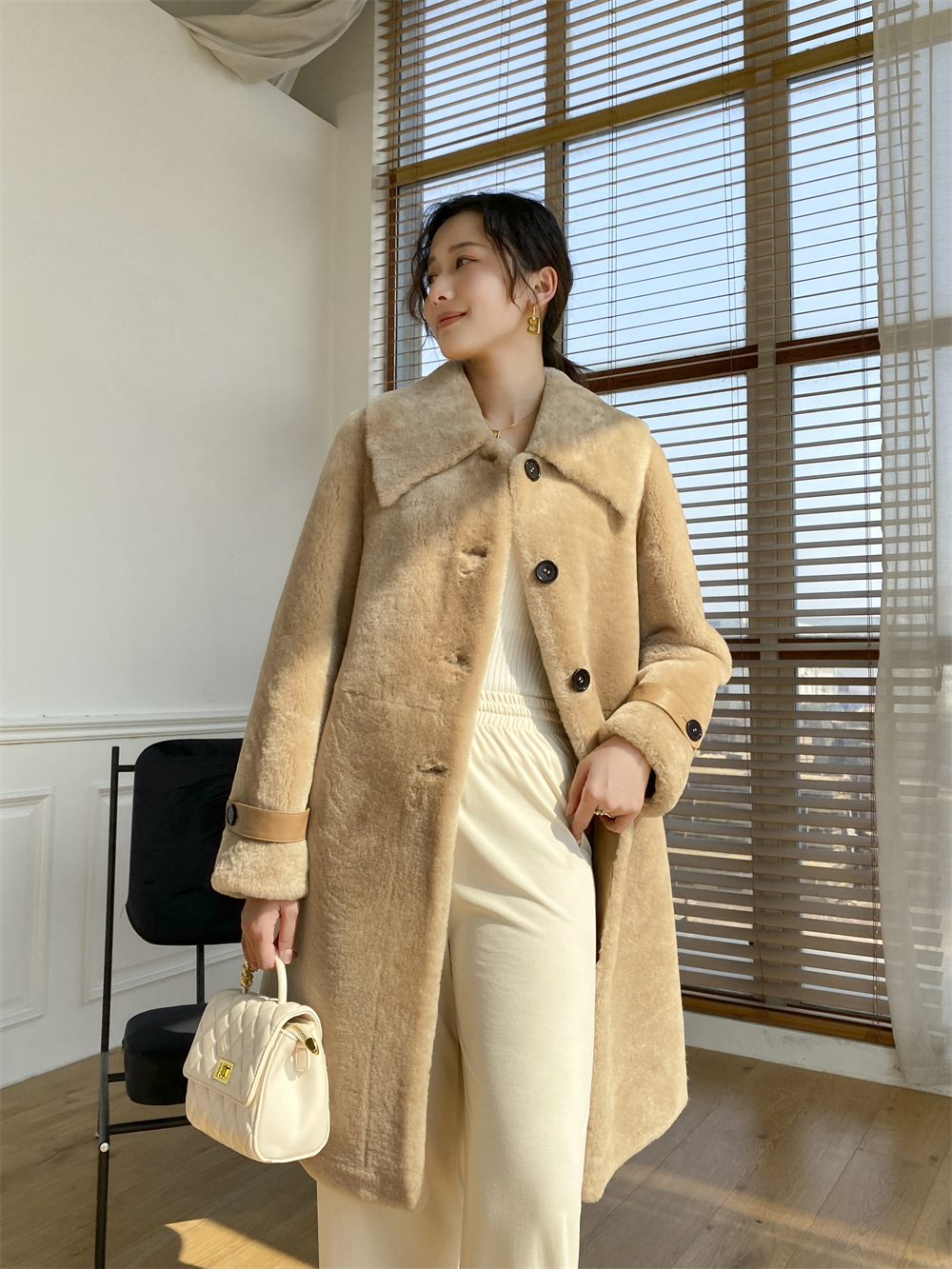 winter warm european style  camel color double face shearing sheep goat lamb skin long women fur coa