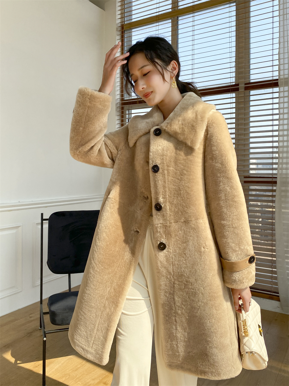winter warm european style  camel color double face shearing sheep goat lamb skin long women fur coa