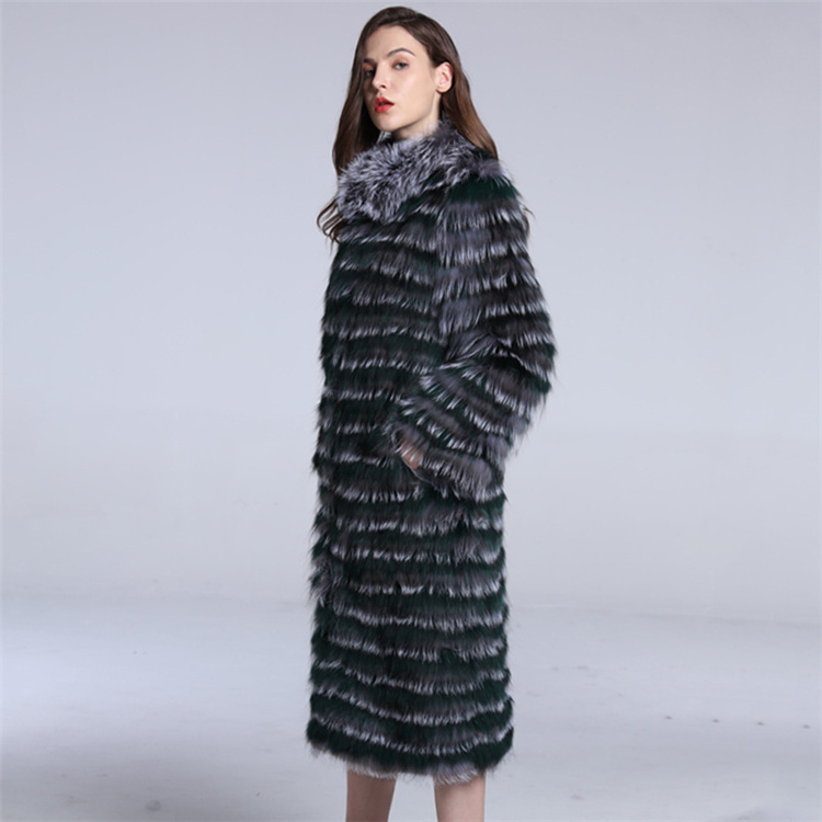 2022 New Trendy Horizontal Stripes Winter Coat Women 100 Real Fox Fur Overcoats