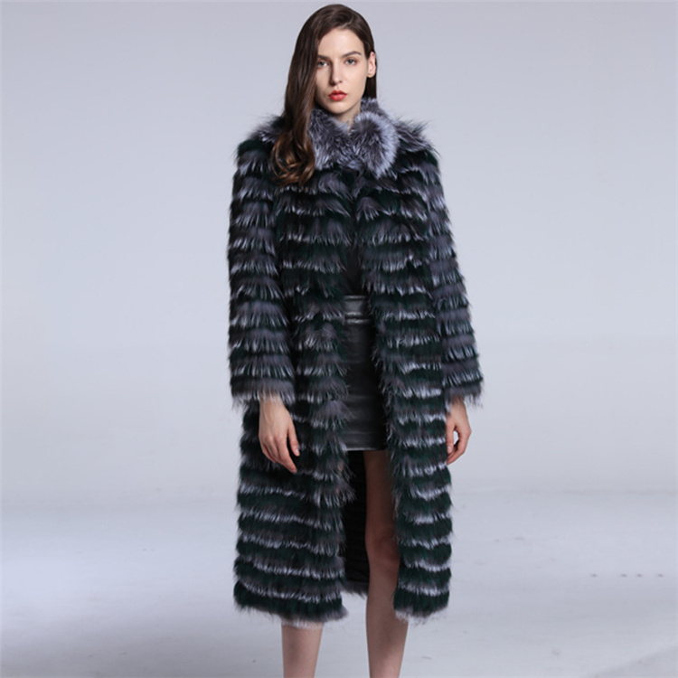 2022 New Trendy Horizontal Stripes Winter Coat Women 100 Real Fox Fur Overcoats
