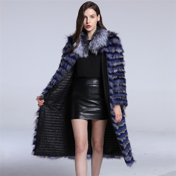 2022 New Trendy Horizontal Stripes Winter Coat Women 100 Real Fox Fur Overcoats