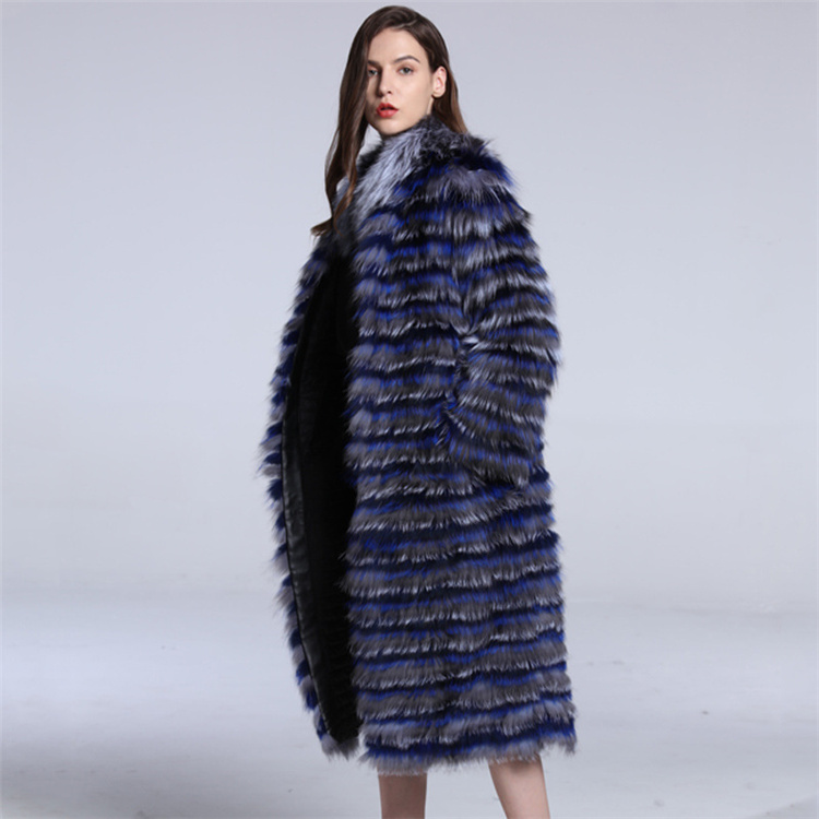 2022 New Trendy Horizontal Stripes Winter Coat Women 100 Real Fox Fur Overcoats