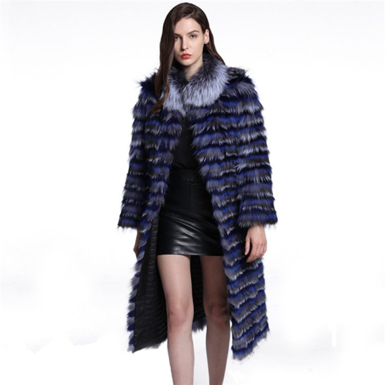 2022 New Trendy Horizontal Stripes Winter Coat Women 100 Real Fox Fur Overcoats