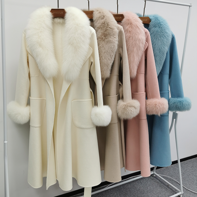 Women Winter Clothes  White Women Cashmere Wool Long Coat With Fox Fur Collar