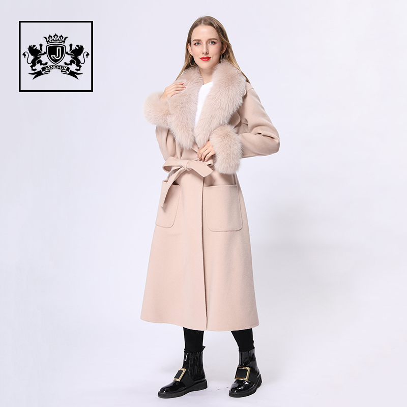 Women Winter Clothes  White Women Cashmere Wool Long Coat With Fox Fur Collar