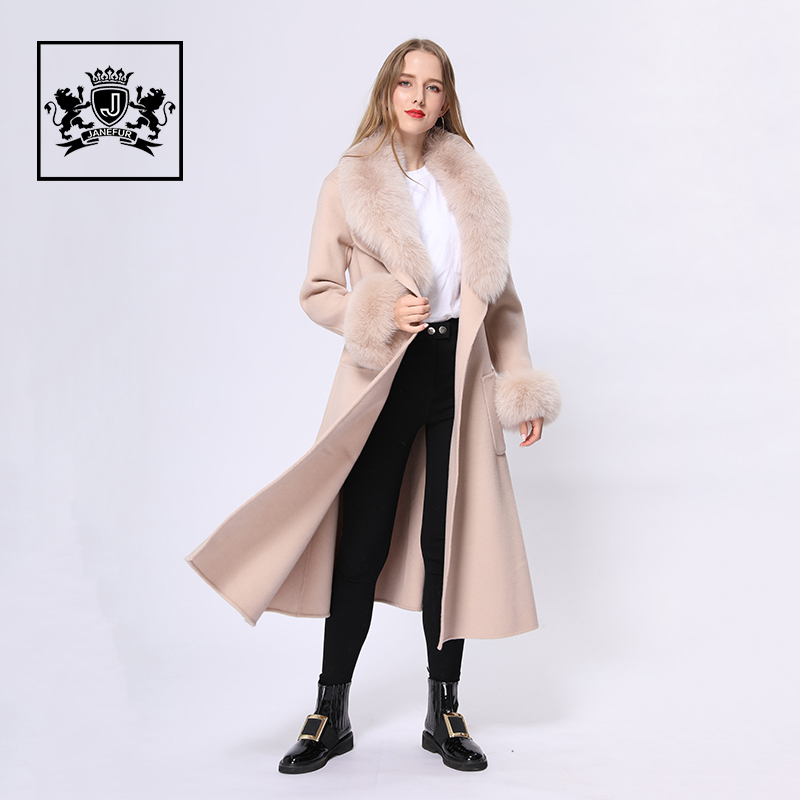 Women Winter Clothes  White Women Cashmere Wool Long Coat With Fox Fur Collar