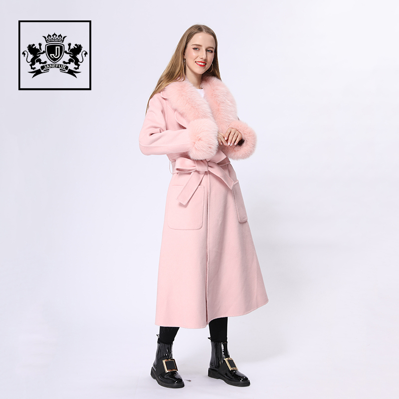 Women Winter Clothes  White Women Cashmere Wool Long Coat With Fox Fur Collar