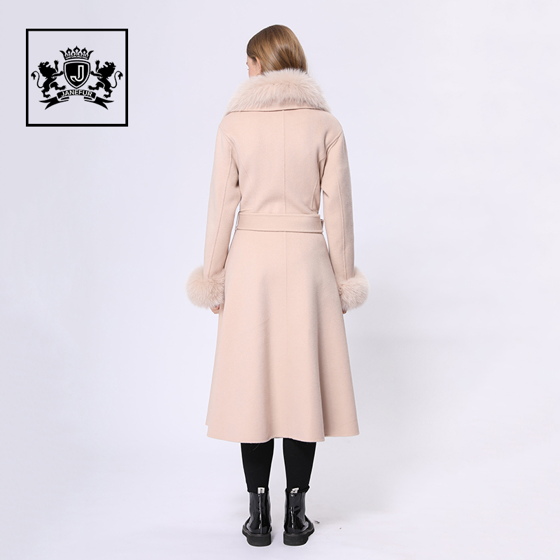 Women Winter Clothes  White Women Cashmere Wool Long Coat With Fox Fur Collar