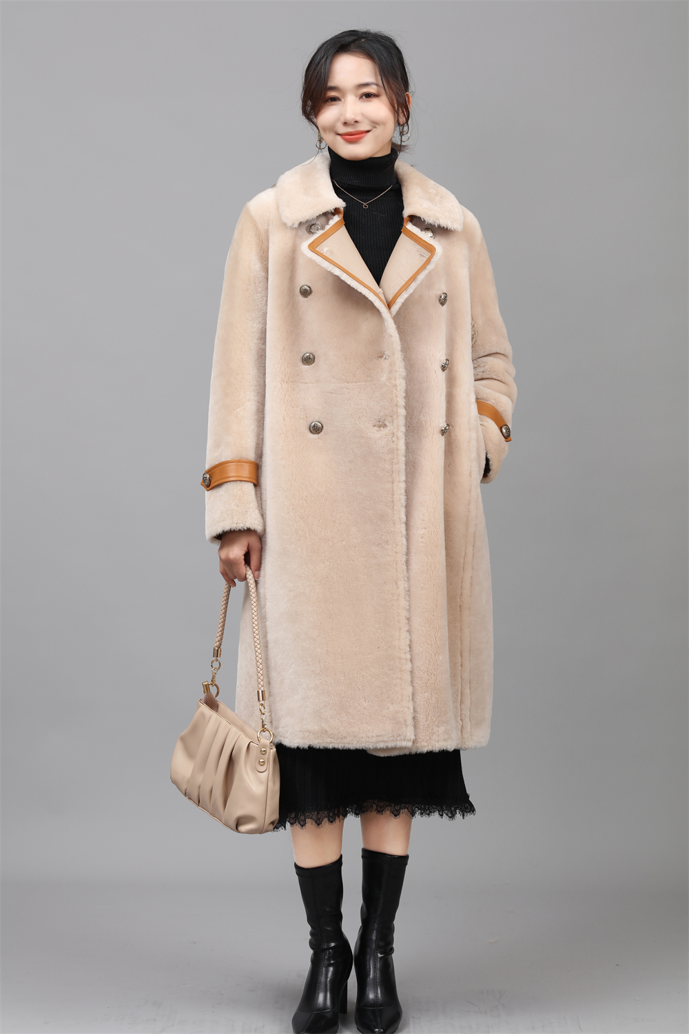 Wholesale Winter Long  women  Real  fur LT  Double Breasted sheep fur coat for ladies