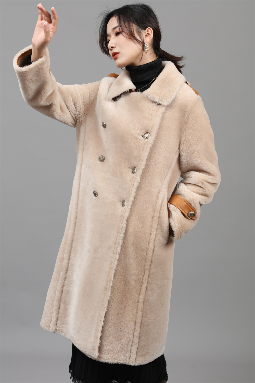 Wholesale Winter Long  women  Real  fur LT  Double Breasted sheep fur coat for ladies