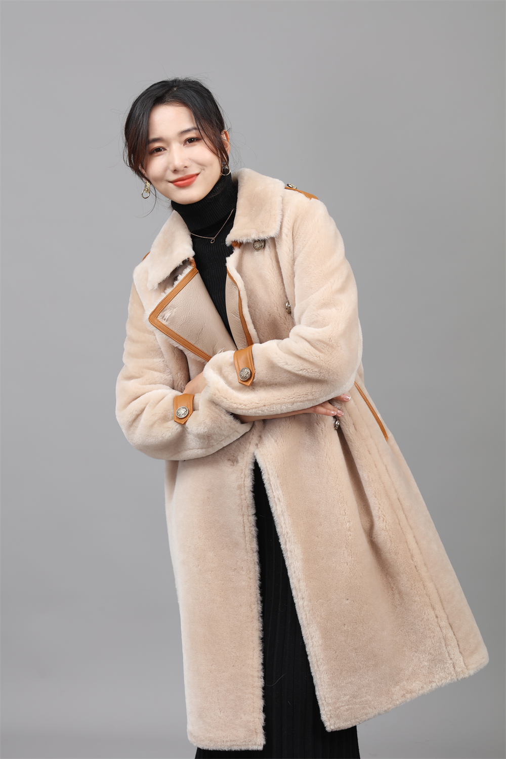 Wholesale Winter Long  women  Real  fur LT  Double Breasted sheep fur coat for ladies