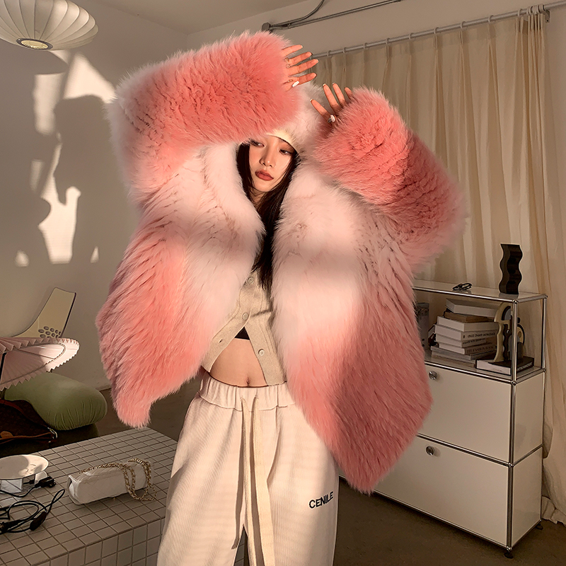 Fashion Knitted Real Fox Fur Coat Women Winter Warm Outwear With Hood 2022 Luxury  Natural Ladies Ra