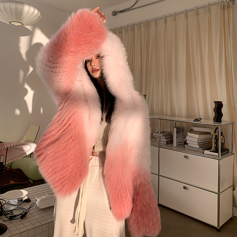 Fashion Knitted Real Fox Fur Coat Women Winter Warm Outwear With Hood 2022 Luxury  Natural Ladies Ra