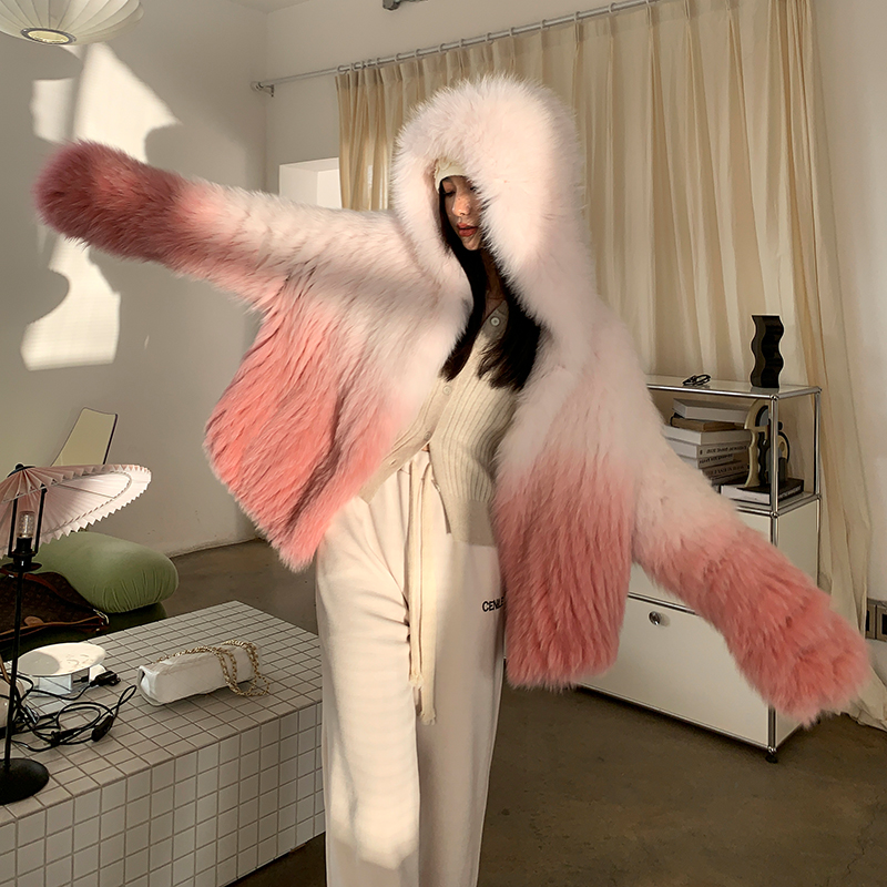 Fashion Knitted Real Fox Fur Coat Women Winter Warm Outwear With Hood 2022 Luxury  Natural Ladies Ra