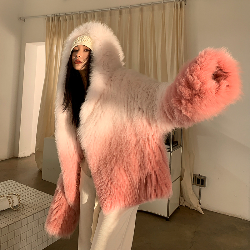 Fashion Knitted Real Fox Fur Coat Women Winter Warm Outwear With Hood 2022 Luxury  Natural Ladies Ra