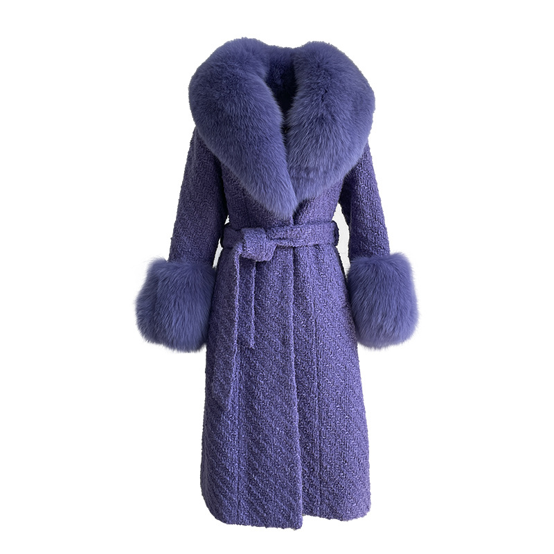 New Fox Fur Collar Women's Mid-length Fur Coat Lamb Fur Coat Female Cashmere Long Coat