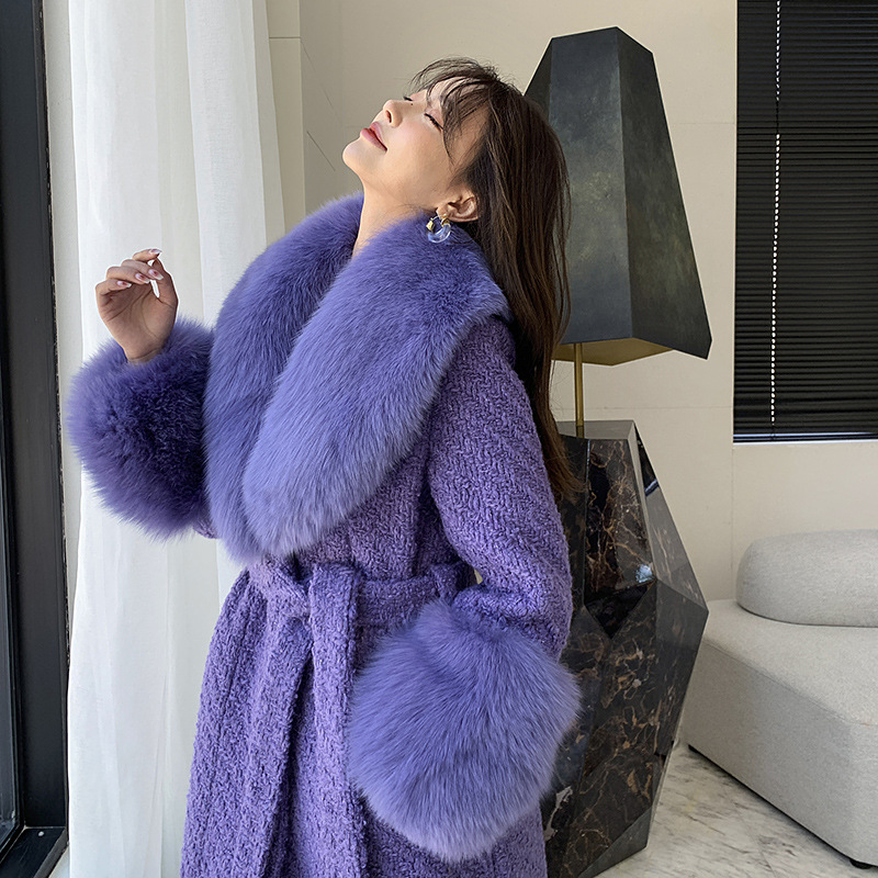 New Fox Fur Collar Women's Mid-length Fur Coat Lamb Fur Coat Female Cashmere Long Coat