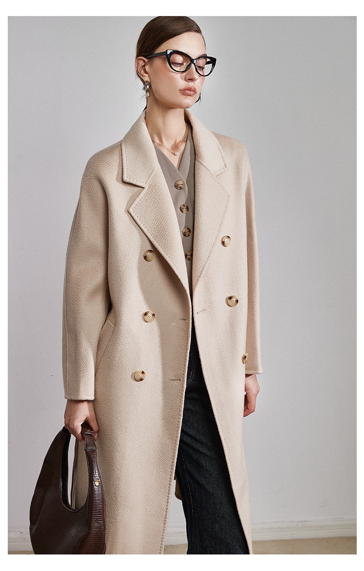 Customization High quality Handmade Women's Double-breasted Long Australian wool Cashmere Water ripp