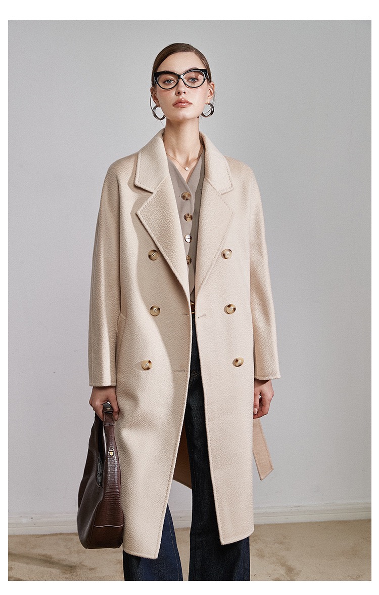 Customization High quality Handmade Women's Double-breasted Long Australian wool Cashmere Water ripp