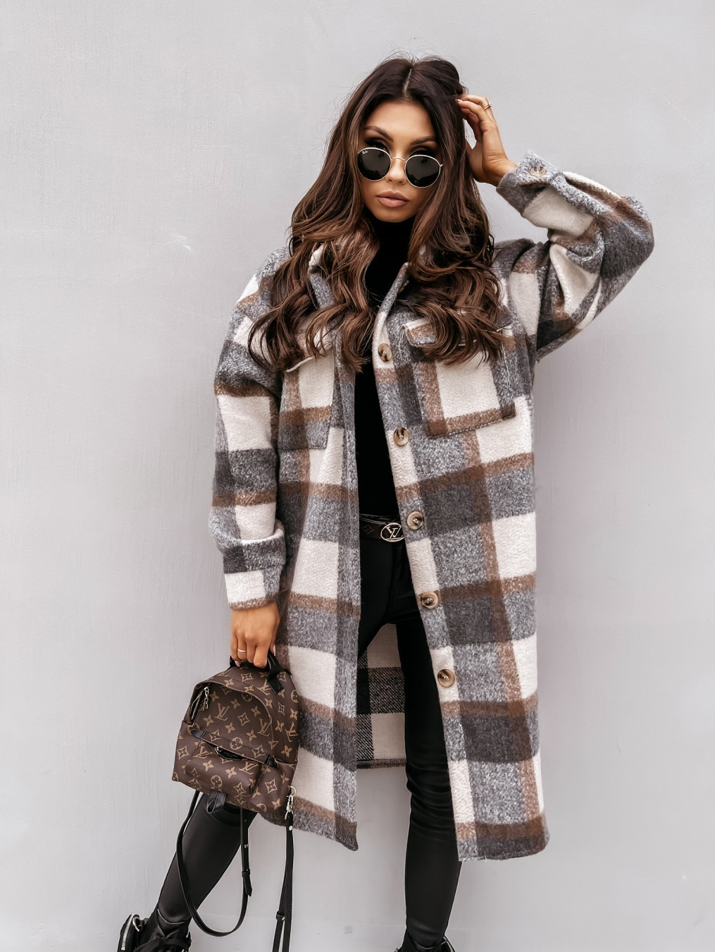 2021 Plaid Print Long Coat Fashion Women Loose Poc