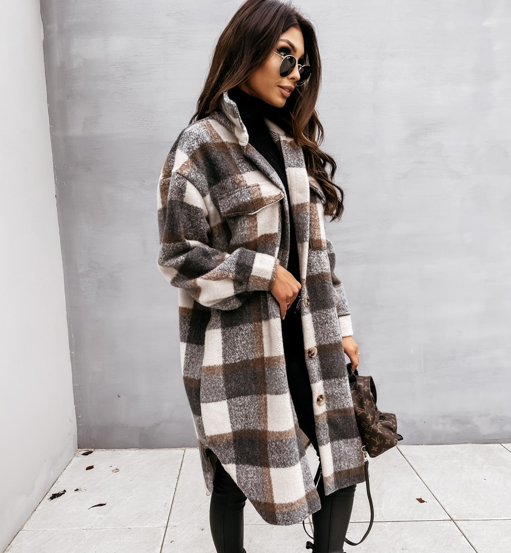 2021 Plaid Print Long Coat Fashion Women Loose Poc