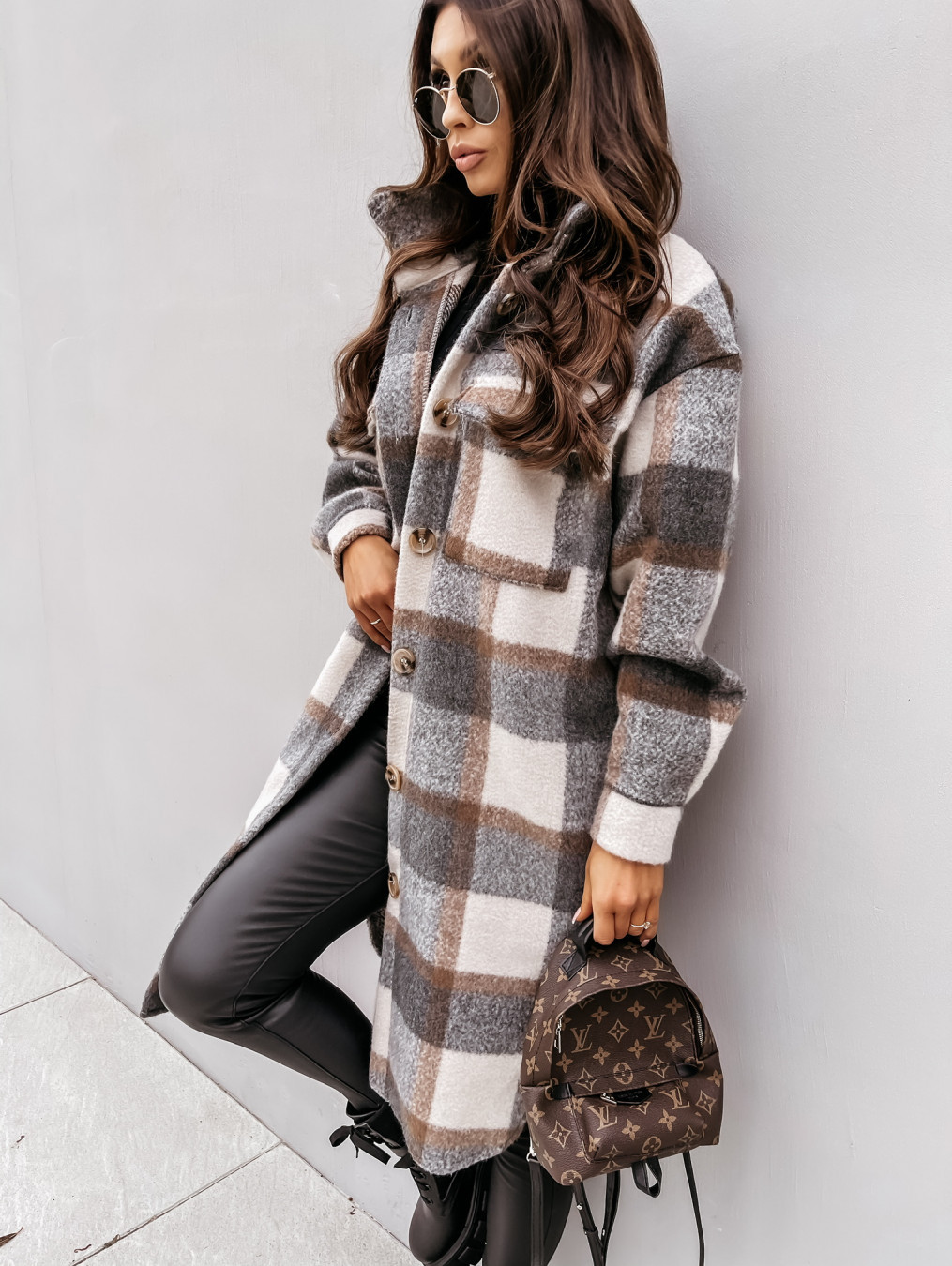 2021 Plaid Print Long Coat Fashion Women Loose Poc