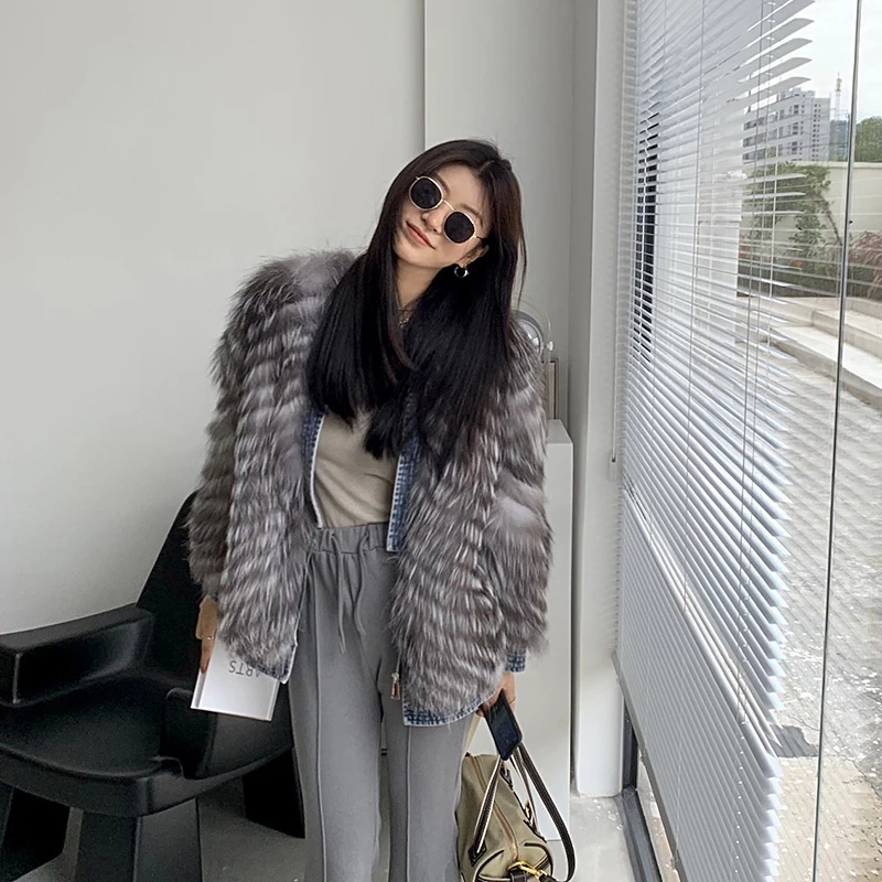 Fur Coat Women's Winter Fashion Denim Stitching Real  Fox Fur Single Breasted Braided Jacket Women F