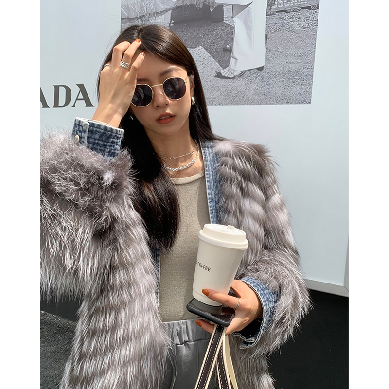 Fur Coat Women's Winter Fashion Denim Stitching Real  Fox Fur Single Breasted Braided Jacket Women F