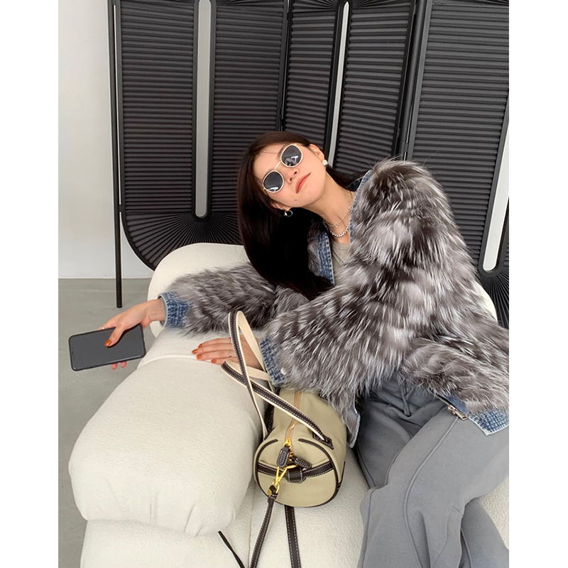 Fur Coat Women's Winter Fashion Denim Stitching Real  Fox Fur Single Breasted Braided Jacket Women F