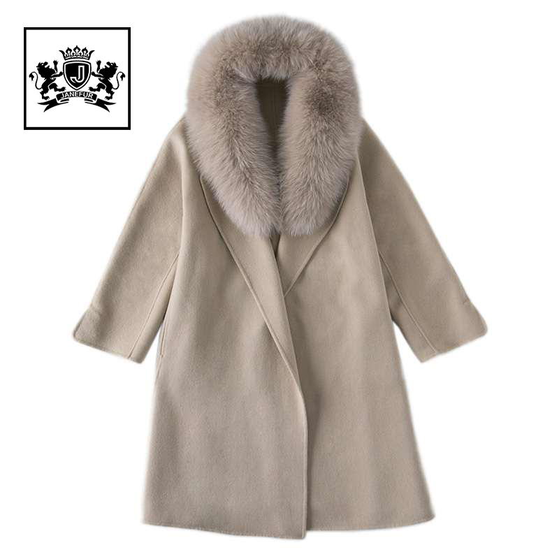 Winter Women Clothes Double Breasted Big Fur Collar Cashmere Wool Coat with Belt