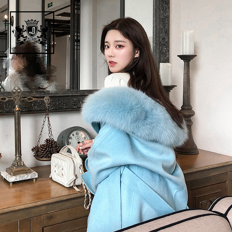 Winter Women Clothes Double Breasted Big Fur Collar Cashmere Wool Coat with Belt