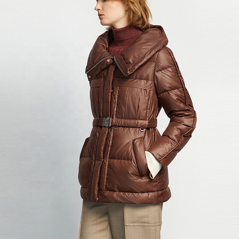 YuFan Winter Outdoors Wear Down Hooded Jacket Woman Bubble Coat Adjustable Waist Sashes Slim Women J