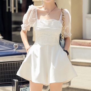 Women's Jumpsuit 2021 New Lace Square Neck Puff Sleeve Slim Fit Jumpsuit Wide Leg Shorts